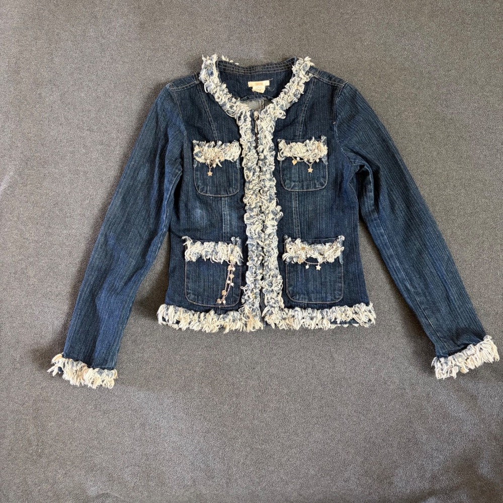 Cherish Denim Jacket Womens Small Blue Fringe Star Heart Charm Y2K MJ2002
